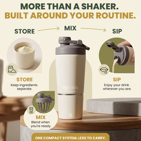 Dual Insulated Stainless Steel Protein Shaker Bottle With Separate Dry Storage Compartment And Built In Mixing Whisk 15 Oz Gym Cup on a table.
