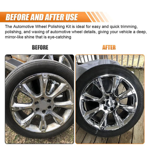 Before and after use of Five Piece Car Wheel Hub Drill Buffing Sponge Pads Kit With Three Inch Shank Polishing Pads