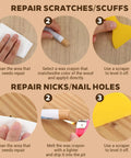 Step-by-step guide using 7 Pcs Wood Filler Sticks Set for scratches, scuffs, nicks, nail holes repair on wood surfaces.