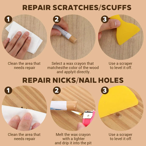 Step-by-step guide using 7 Pcs Wood Filler Sticks Set for scratches, scuffs, nicks, nail holes repair on wood surfaces.