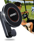 Heavy Duty Magnetic Golf Cart Phone Mount With Cup Hook Locks Your MagSafe iPhone Down Tight On Bumpy Fairways showing black steel design in use on a golf cart.