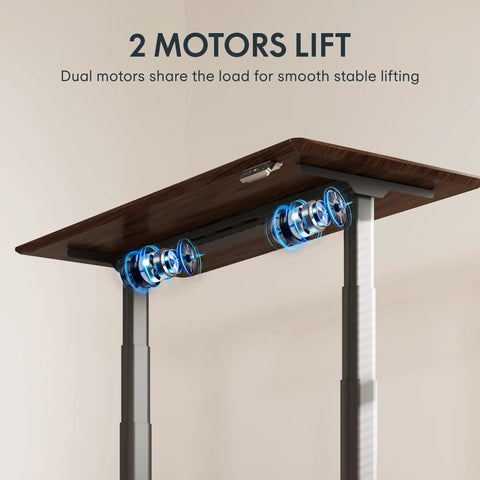 Close-up of the dual motors for the Straight Up Premium Motorized Height Adjustable Standing Desk with black walnut top.