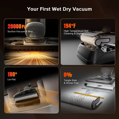 All In One Cordless Vacuum Mop For Hard Floors With 20000Pa Suction Wet Dry Cleaning Edge To Edge Self Cleaning Electric Mop With 180 Degree Lie Flat Perfect For Tile Hardwood Vinyl Laminate Floors shown in four feature displays