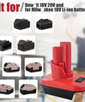 M18 To M12 Battery Adapter for Milwaukee 18V tools shown with compatibility for various battery models