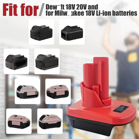 M18 To M12 Battery Adapter for Milwaukee 18V tools shown with compatibility for various battery models