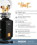 Host Series 3/4 HP Continuous Feed Garbage Disposal With Quiet Operation And Sound Reduction For Busy Kitchens, diagram and features