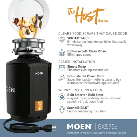 Host Series 3/4 HP Continuous Feed Garbage Disposal With Quiet Operation And Sound Reduction For Busy Kitchens, diagram and features