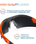 Reevo Safety Glasses With Red Mirror Lens UV U6 And Impact Rated ANSI Z87.1 Wraparound Shield highlighting padded brow and lens
