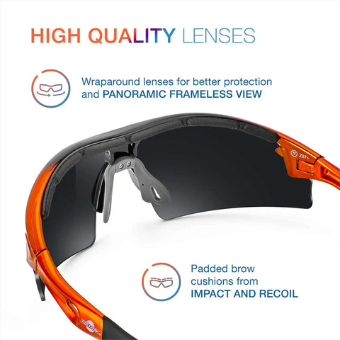 Reevo Safety Glasses With Red Mirror Lens UV U6 And Impact Rated ANSI Z87.1 Wraparound Shield highlighting padded brow and lens