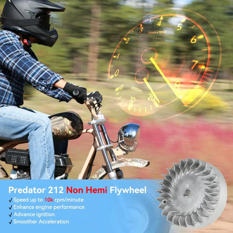 Beefed Up Aluminum Flywheel Upgrade For Predator 212 Non Hemi Engines And Mini Bike Builds, 10K RPM, showing a mini bike and flywheel.