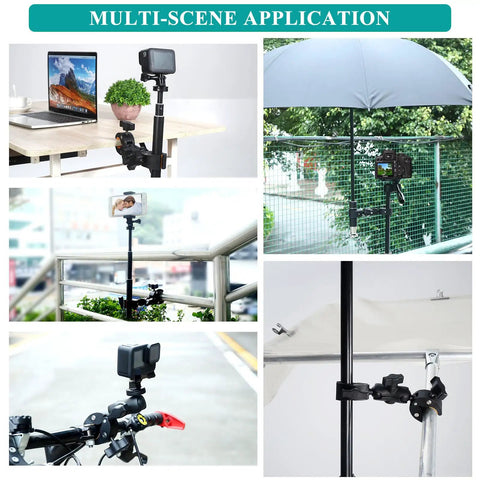 Double Clamp Camera Mount With 360 Degree Arm And 180 Degree Tilt on desk, fence, railing, bike, and light stand applications