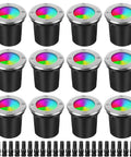 12-pack 10W RGBW landscape lighting kit for outdoors, color changing in ground well lights, remote, connectors visible