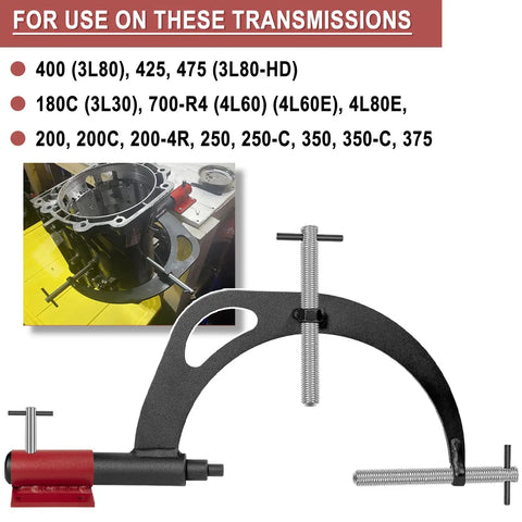 Transmission Holding Fixture Tool With Base For Wide Range Of Transmissions Including 3L30 180C 200 200C 200-4R 250 250-C 350 350-C 375 3L80 400 425 475 700-R4 4L60 And 4L60E Replacement For T-0156-B showing application setup.