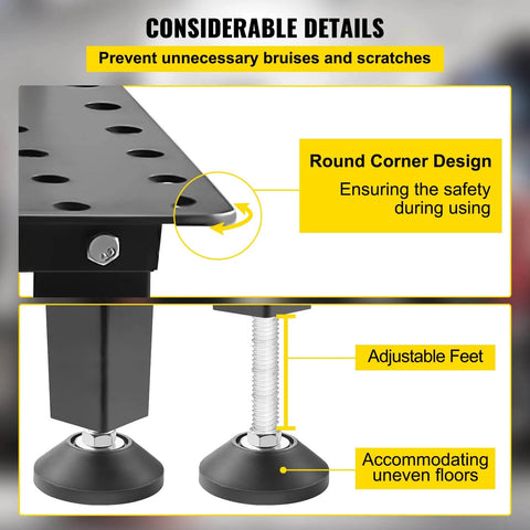 Close-up of features on Beefy Heavy Duty Welding Table 36 By 24 Inches With 800 Lbs Capacity, including adjustable feet and round corners.