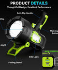 Detailed view of Rechargeable 2 Million Lumen Spotlight With Beastly Bright LED, showing anti-slip handle, light buttons, and folding stand.