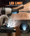 Beast Brushless Cordless Drill Driver With 530 Inch Pounds Torque Seventeen Plus One Clutch Settings One Half Inch Keyless Chuck Variable Speed Long Lasting Motor For Home Or Pro Projects Battery And Charger Not Included in use with LED light illuminating dark environment while drilling into wood.