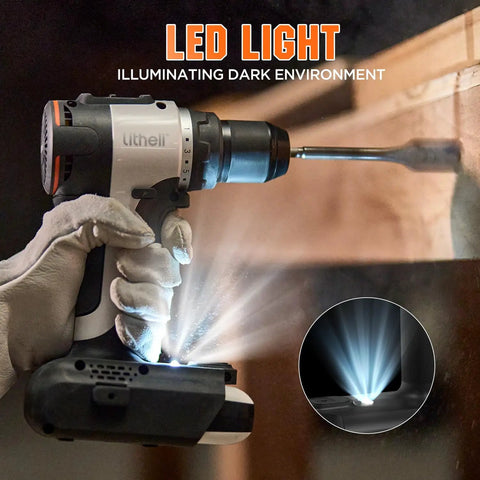 Beast Brushless Cordless Drill Driver With 530 Inch Pounds Torque Seventeen Plus One Clutch Settings One Half Inch Keyless Chuck Variable Speed Long Lasting Motor For Home Or Pro Projects Battery And Charger Not Included in use with LED light illuminating dark environment while drilling into wood.