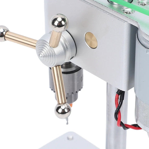 Close-up of Kuuleyn Compact Mini Bench Drill Press with adjustable speed control and CNC built frame.