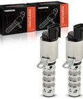 Two Piece Intake And Exhaust VVT Solenoid For Hyundai And Kia 1.6L L4 Engines, silver metal, close-up view of parts and packaging