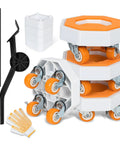 Heavy Duty Furniture Dollies With 360 Degree Rotating Rubber Wheels. Easy Glide Sliders set with orange wheels and tools.