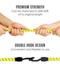 Heavy Duty 48 Inch Bungee Cords With Hooks 4 Pack, stretched showing double hook design, elastic tie down strap.
