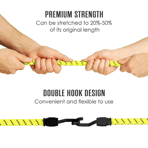 Heavy Duty 48 Inch Bungee Cords With Hooks 4 Pack, stretched showing double hook design, elastic tie down strap.