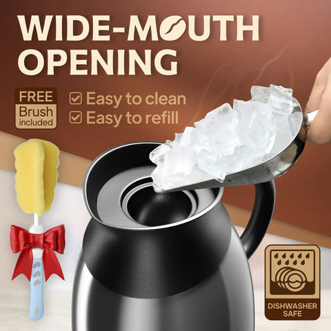 Wide-mouth Thermal Insulated Coffee Carafe Pitcher 51 Oz Vacuum Double Walled Stainless Steel Thermos with ice and cleaning brush