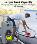 Big 15 Gallon Portable Fuel Caddy With Easy Siphon Pump And Leak Proof Valves On Wheels for fueling a boat from a dock.