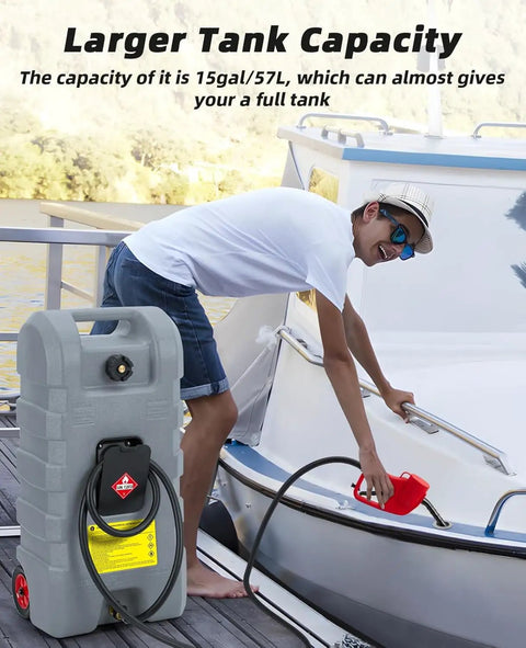 Big 15 Gallon Portable Fuel Caddy With Easy Siphon Pump And Leak Proof Valves On Wheels for fueling a boat from a dock.