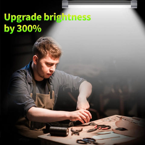Magnetic LED Tube Work Light With 6000 Lumens And 10400mAh Battery, illuminating a workspace over a man, USB Rechargeable Camping Lantern.