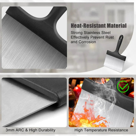 Close-up of Heavy Duty Grill And Griddle Scraper with wide stainless steel blade and comfortable handle for Blackstone flat top grills.