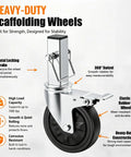 Close-up of Set Of Four Five Inch Scaffolding Caster Wheels Smooth Rolling Elastic Rubber Tires square stem with total locking brake.