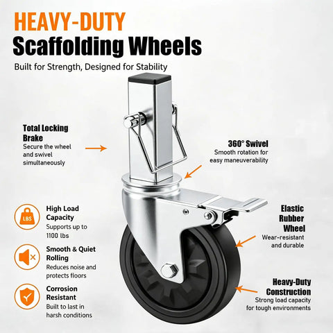 Close-up of Set Of Four Five Inch Scaffolding Caster Wheels Smooth Rolling Elastic Rubber Tires square stem with total locking brake.