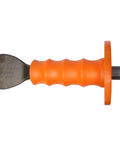 Handguarded Mason Chisel Two And A Quarter By Seven And Three Quarters Inches Black Made In USA Built Tough For Precise Cuts And Scores Masonry Tool With Shock Absorbing Guard And Shot Blasted Finish showing metal blade and orange guard