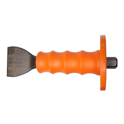 Handguarded Mason Chisel Two And A Quarter By Seven And Three Quarters Inches Black Made In USA Built Tough For Precise Cuts And Scores Masonry Tool With Shock Absorbing Guard And Shot Blasted Finish showing metal blade and orange guard