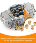 Holley Jet Assortment Kit For Carburetors, 72-Piece Jet Set With Sizes #64 To #99, carburetor shown with brass jets close-up
