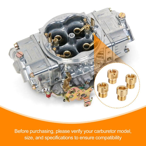 Holley Jet Assortment Kit For Carburetors, 72-Piece Jet Set With Sizes #64 To #99, carburetor shown with brass jets close-up