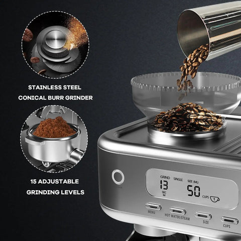 Premium Semi Automatic Espresso Machine With Built In Conical Burr Grinder 15 Bar Pump Pid Temp Control And Steam Wand showing stainless steel grinder and coffee grounds.