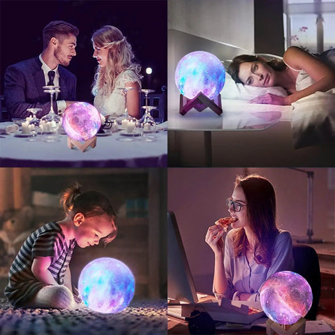 Moon Lamp Galaxy Night Light 5.9 Inch with 16 Colors LED 3D moon surface in various home settings, remote control visible.