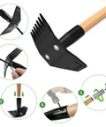 Long Bamboo Handle Weed Puller Tool 2 In 1 Garden Hoe And Weed Remover With Rake And Grabber, showing assembly steps and features