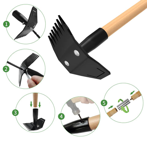 Long Bamboo Handle Weed Puller Tool 2 In 1 Garden Hoe And Weed Remover With Rake And Grabber, showing assembly steps and features