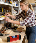 Magnetic Pocket Level Mini Bubble Spirit Level Tool With 2 Vials 90°/180° used by a woman measuring wood in workshop.