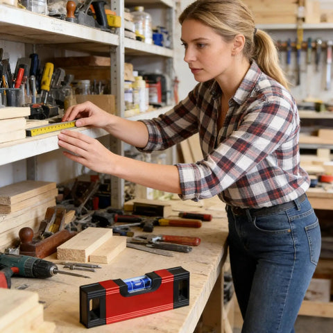 Magnetic Pocket Level Mini Bubble Spirit Level Tool With 2 Vials 90°/180° used by a woman measuring wood in workshop.