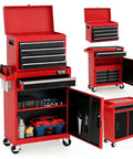 Five Drawer Rolling Tool Chest With Lockable Wheels Detachable Top And Adjustable Shelf Plus Bottom Cabinet For Heavy Duty Garage Workshop Shop And Warehouse Tool Organizer, red steel, open cabinet