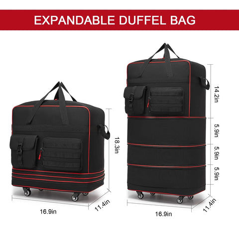 Seyfocnia tactical foldable travel bag, black expandable rolling luggage with wheels and exterior pockets.