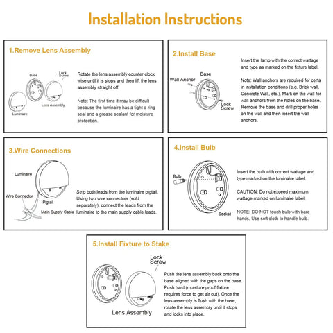 Installation instructions for 2W LED Deck Lights Pack Of 10 Low Voltage Landscape Lighting, steps 1 to 5.