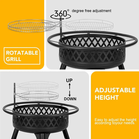 38 Inch Wood Burning Fire Pit For Outdoor Patio Round Fire Pit With Grill showcasing rotatable and adjustable grill features.