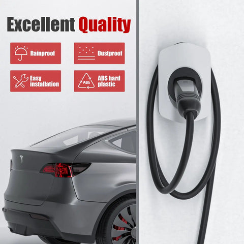 Keep Your Garage Looking Slick With This Rock Steady Tesla Charger Cable Organizer And Wall Mount Dock That Securely Holds White Nacs Cables Tidy Using Heavy Steel Brackets And Screws, showing mounted charger with Tesla vehicle.