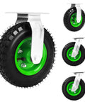10 Inch Heavy Duty Pneumatic Caster Wheels Set Of Four Built Tough With Slick Rubber Tread And Double Ball Bearings For Workbenches Carts Smooth Gliding Action showing close-up view of wheel with green rim.