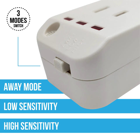 Close-up of the Clap Control Dual Outlet Wall Plug With Noise Sensor, showing three-level sensitivity switch and white finish.